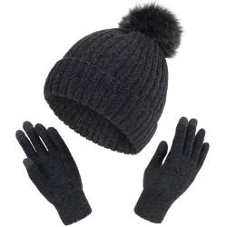 Malaxlx Schwarz Wintermütze Strickmütze Warme Winter Beanie Mütze Bommelmütze Touchscreen Handschuhe Set für Damen Herren von Malaxlx