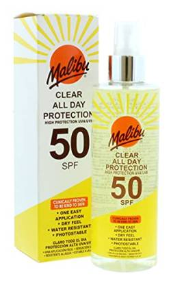 Malibu All Day High Protection Water Resistant Dry Feel LSF 50 Sun-Screen Clear Spray, 250 ml von Malibu