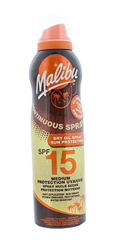 Malibu Medium Sun Protection Water Resistant Continuous Dry Oil Spray LSF 15 mit Sheabutter-Extrakt, 175 ml von Malibu