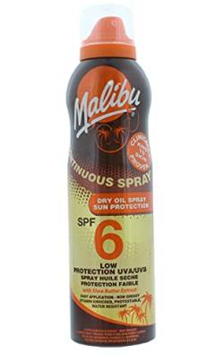 Malibu Niedriger Sonnenschutz, wasserabweisend, kontinuierliches Trockenöl-Spray, LSF 6 mit Sheabutter-Extrakt, 175 ml von Malibu