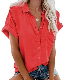 MallFancy Damen Bluse Kurzarm Reverskragen Shirt Sommer Hemdbluse Einfarbig Knopfleiste Blusen Oberteile Tops mit Taschen(Rot,2XL) von MallFancy