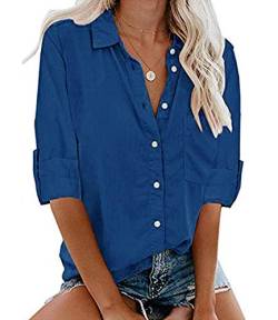 MallFancy Damen Bluse Langarm Reverskragen Shirt Hemdbluse Einfarbig Knopfleiste Blusen Oberteile Tops mit Taschen(Blau,XL) von MallFancy