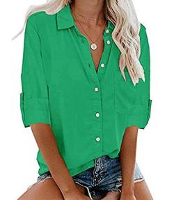 MallFancy Damen Bluse Langarm Reverskragen Shirt Hemdbluse Einfarbig Knopfleiste Blusen Oberteile Tops mit Taschen(Gruen,XL) von MallFancy
