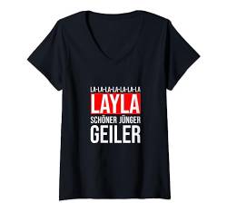 Damen Mallorca Malle Party Hit Layla jünger schöner Geiler Malle T-Shirt mit V-Ausschnitt von Mallorca Malle Trend