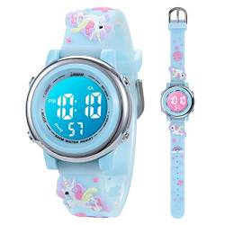 Kinderuhr Digital für Jungen Mädchen 3ATM Wasserdicht Kinder Armbanduhr mit Wecker Datum Stoppuhr Kinder Uhr für 3-10 Jahre (Hellblaues Einhorn) von Mamiddle