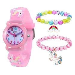 Mädchen und Jungen Analog Quarz Uhr mit Cartoon Design 30M Wasserdichte Silikon/Nylon Armband Japanischen Quarzwerk Lern Armbanduhr für Kinder 3-10 Jahre (Einhorn Rosa Set) von Mamiddle