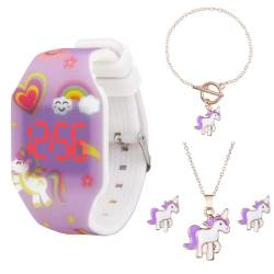 Mamiddle Digitale Kinderuhr LED Armbanduhr für Jungen und Mädchen Einfache Freizeituhr für Kinder mit Uhrzeit & Datumsanzeige Einteiliges Weiches Leuchtendes Silikon Gehäuse & Band (Einhorn Lila Set) von Mamiddle