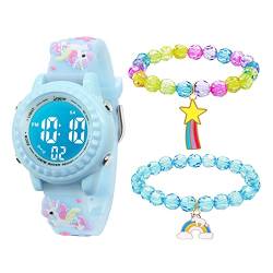 Mamiddle Kinderuhr Digital für Jungen Mädchen 3ATM Wasserdicht Kinder Armbanduhr mit Wecker Datum Stoppuhr Kinder Uhr für 3-10 Jahre (Hellblaues Einhorn Set) von Mamiddle