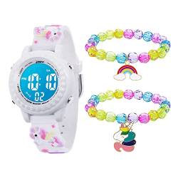 Mamiddle Kinderuhr Digital für Jungen Mädchen 3ATM Wasserdicht Kinder Armbanduhr mit Wecker Datum Stoppuhr Kinder Uhr für 3-10 Jahre (Weißes Einhorn Set) von Mamiddle