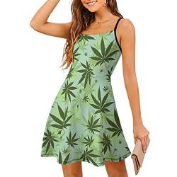 Damen Ärmelloses Kleid Grüne Marihuana Cannabis Blätter Sommerkleid Strandkleid Verstellbaren Spagettiträgern Trägerkleid Swing Kleid Freizeitkleid Minikleider White XXL von Man29goA