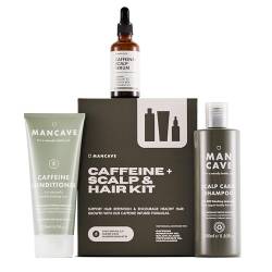 ManCave Koffein + Kopfhaut- und Haar-Set, 3 Haarpflege-Essentials die ultimative Lösung für Haar und gesündere Kopfhaut, Koffein-Shampoo, Koffein-Conditioner, Koffein+ Kopfhaut-Serum sulfatfrei, vegan von ManCave