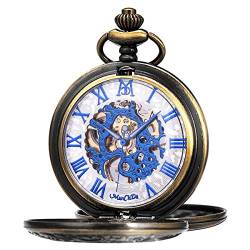 ManChDa® Klassiker Taschenuhr Retro-Zifferblatt mit römischen Ziffern Steampunk Skelett Mechanisch Zarte Bewegung für Männer Frauen mit Kette + Geschenk-Box (5.Bronze&Blue) von ManChDa