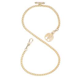 ManChDa Albert Chain Taschenuhr, T-Bar-Kette mit Life Tree Anhänger, Curb Link Chain 2 Haken Antike Fob T Bar für Herren (Gold) von ManChDa