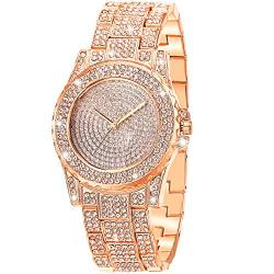 ManChDa Damen Armbanduhr Luxus Volle Kristall Diamanten Bling Bling Edelstahl Uhren Damen Quarzuhr für Frauen Klassische Mode Romantische Armbanduhr (2.Rosegold) von ManChDa