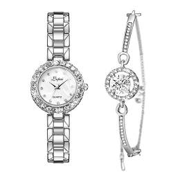 ManChDa Damenuhren mit Armband, Damenuhren, Analoge Quarz-Diamant-Uhren mit Edelstahlarmband für Damen, Damen-Strass-Armbanduhr + Schmuck-Manschetten-Armband-Set von ManChDa
