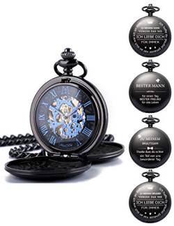 ManChDa Herren Taschenuhr Personalisiert, Gravur Taschenuhr mit Kette Klassische Jahrgang Mechanische Taschenuhr mit Kette Geschenke für Mama, Papa, Ehemann, Sohn, Trauzeugen (1.Black) von ManChDa