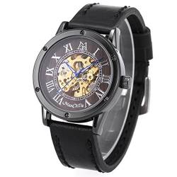 ManChDa Männer Armbanduhr Fashion Black Lederband Spezielle Burlywood Zifferblatt Automatische Mechanische Armbanduhr für Männer + Geschenkbox von ManChDa