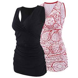 Manci Chwangerschafts & Still-Shirt, Damen Baumwolle Stillen Kleidung Schwangerschaft Top Umstandsmode Unterwäsche (Roter Druck&Schwarz, S) von Manci