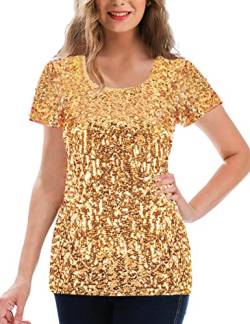 MANER Damen Full Pailletten Tops Glitzer Party Shirt Kurzarm Glitzer Blusen S-3X - Gold - 54 DE/3XL von Maner