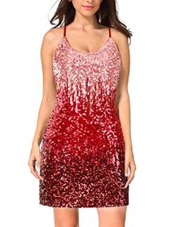 MANER Damen Glitzer Pailletten Kleid Verstellbar Spaghetti Strap Sparkle Party Kleider, Canyon Rose / Burgunderrot / Rubinrot, XX-Large von Maner