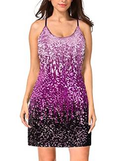 MANER Damen Glitzer Pailletten Kleid Verstellbar Spaghetti Strap Sparkle Party Kleider, Periwinkle/Festival Fuchsia/Dunkelviolett, Klein von Maner