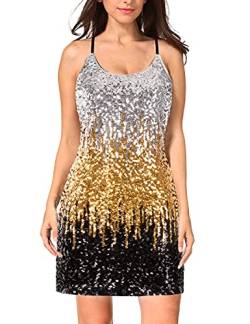 MANER Damen Glitzer Pailletten Kleid Verstellbar Spaghetti Strap Sparkle Party Kleider, Silber/Gold/Schwarz, XX-Large von Maner