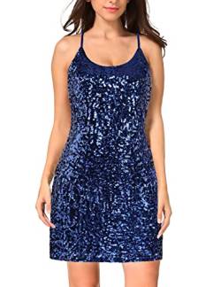 MANER Damen Glitzer Pailletten Kleid Verstellbar Spaghettiträger Sparkle Party Kleider, dunkelblau, Klein von Maner