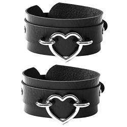 Manfnee 2er Pack Punk Gothic Armband für Herren Damen Leder Herz Metall Nieten Manschette Breites Armband Schwarz von Manfnee