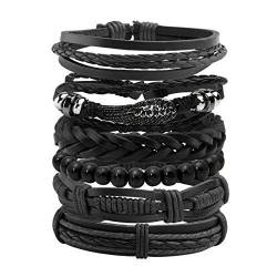 Manfnee 6PCS Geflochtenes Lederarmband für Männer Frauen Holzperlen Manschette Wickelarmband Einstellbar von Manfnee