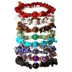 Manfnee 8 Stücke 7 Chakra Kristall Chips Heilung Armband Set Unregelmäßige Perlen Armbänder für Frauen von Manfnee