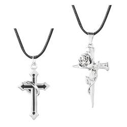 Manfnee Gothic Choker Halskette Seil Kreuz Anhänger Halskette PU Leder Chokers Punk Kragen für Herren Damen von Manfnee