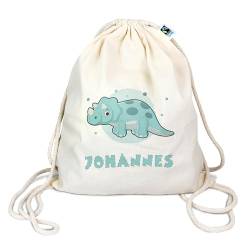 Bio Turnbeutel mit Namen personalisiert | Motiv Triceratops Dinosaurier | Schuhbeutel Sportbeutel Wäschebeutel Rucksack für Kinder Jungen & Mädchen | hell blau von Manilu