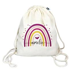 Bio Turnbeutel mit Namen personalisiert & Bedruckt | Motiv Regenbogen | Stoffbeutel Schuhbeutel Sportbeutel Wäschebeutel Rucksack für Kinder Jungen & Mädchen | inkl. NAMENSDRUCK von Manilu