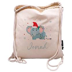 Manilu Personalisierter Turnbeutel mit Weihnachtsmotiv Elefant und eignen Namen aus Bio-Baumwolle | Rucksack | Sportbeutel | Wäschebeutel | Kinder | Geschenk (Weihnachten Löwe) von Manilu