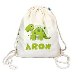 Turnbeutel mit Namen personalisiert & Bedruckt | Motiv grüner Dinosaurier | Stoffbeutel Schuhbeutel Sportbeutel Wäschebeutel Rucksack für Kinder Jungen & Mädchen | Dino 4 Brachiosaurus von Manilu