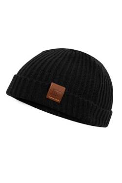 Fishermans Beanie - Mütze, Fischermütze, Strickmütze mit Echt-Leder Veredelung in 3 Farben (Manufaktur13/M13) (OneSize, Schwarz) von Manufaktur13