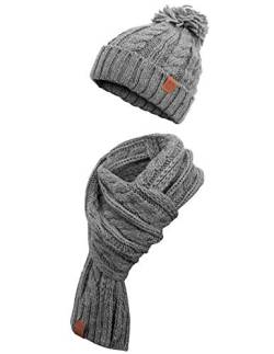 Manufaktur13 Knit Winter Set - Schal & Mütze, 2-teiliges Kombiset aus Strickschal und Beanie, Bommelmütze, Echt-Leder Veredelung (2 Ashgray) von Manufaktur13