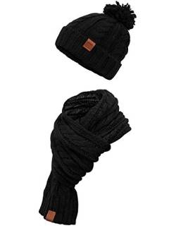 Manufaktur13 Knit Winter Set - Schal & Mütze, 2-teiliges Kombiset aus Strickschal und Beanie, Bommelmütze, Echt-Leder Veredelung (4 Black) von Manufaktur13