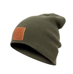 Manufaktur13 Slouch Beanie - Long Beanie Mütze, Strickmütze mit Echt-Leder/Stick Veredelung, Viele Farben zur Auswahl (M13) (Olive) von Manufaktur13