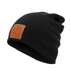 Manufaktur13 Slouch Beanie - Long Beanie Mütze, Strickmütze mit Echt-Leder/Stick Veredelung, Viele Farben zur Auswahl (M13) (Rough Black) von Manufaktur13