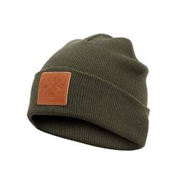 Rough Beanie - Beanie Mütze, Strickmütze mit Echt-Leder/Stick Veredelung, Viele Farben zur Auswahl (Manufaktur13/M13) (Olive) von Manufaktur13