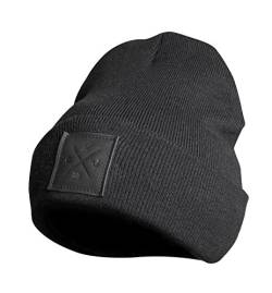 Rough Beanie - Mütze, Black Out Collection, Strickmütze mit Echt-Leder Veredelung (Manufaktur13/M13) (Schwarz) von Manufaktur13