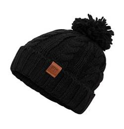 Rough Knit Beanie - Wintermütze, Strickmütze, Bommelmütze mit Leder Patch, Mütze für Herren & Damen (Manufaktur13/M13) (Black) von Manufaktur13