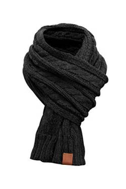 Rough Knit Scarf - Strickschal, Langschal, gestrickt mit Echt-Leder Veredelung, Schal mit Cableknit Muster (Manufaktur13/M13) (2 Black) von Manufaktur13