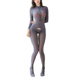 Manyakai Halb Transparent Nylon Body Damen Transparent Sexy Mesh Ganzkörperanzug Im Schritt Offen Langarm Reißverschluss Unterhemd Crotchless Leggings Clubwear Grau Einheitsgröße von Manyakai