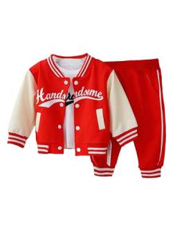 Manyakai Kinder Baby Junge Sport Kleidung Set Langarm College Jacke Mit Buchstaben Print Weiß Shirt Stretch Trainingshose 3tlg Freizeitanzug Rot 80-92 von Manyakai