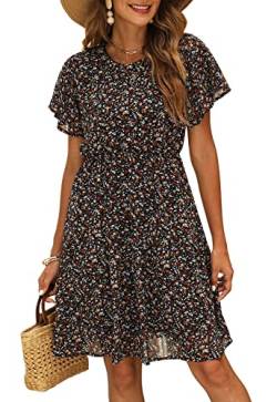 Manydress Damen Casual Sommer Boho Kleider Chiffon Blumendruck Rüschen Ärmel Flowy Skater Kleid MY112, Schwarz (mit Aufdruck), Mittel von Manydress