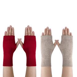 MaoXinTek Kaschmir Handschuhe Fingerlose Fäustlinge Handwärmer für Damen, 2 Paar Wärmer Strick Kurzer Gestrickte Halb Winter-Handschuhe mit Fingerdaumenloch zum Tippen Fahren von MaoXinTek