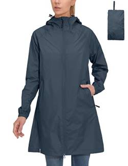 Mapamyumco Damen Regenjacke Wasserdicht Atmungsaktiv Winddicht Leicht Lang mit Kapuze Regenmantel Windbreaker Regenparka Übergangsjacke Freizeitjacke Ultraleicht verstaubar Blau M von Mapamyumco