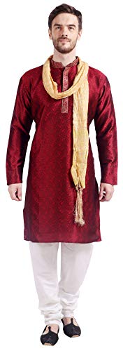 Maple Clothing Herren Kurta Pyjama Jacquard Seide Indien Hochzeit Party Wear Apparel, Kastanienbraun mit Schal, X-Large von MapleClothing